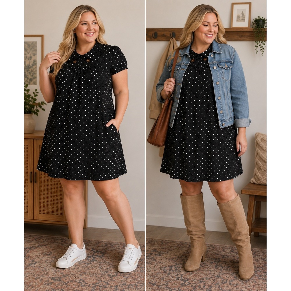CIDER Black Cream Polka Dot Peter Pan Collar Babydoll Mini Dress Size L